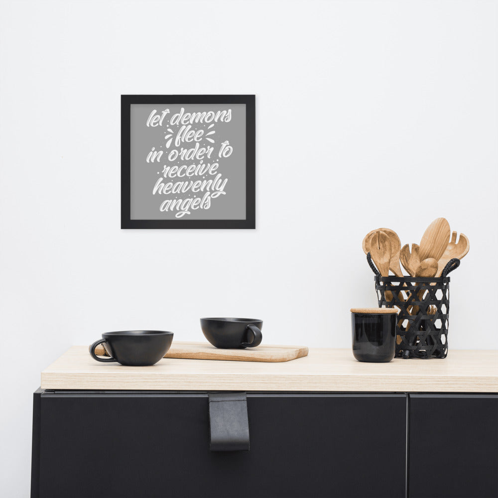 Demons Flee Framed Poster {White on Grey}