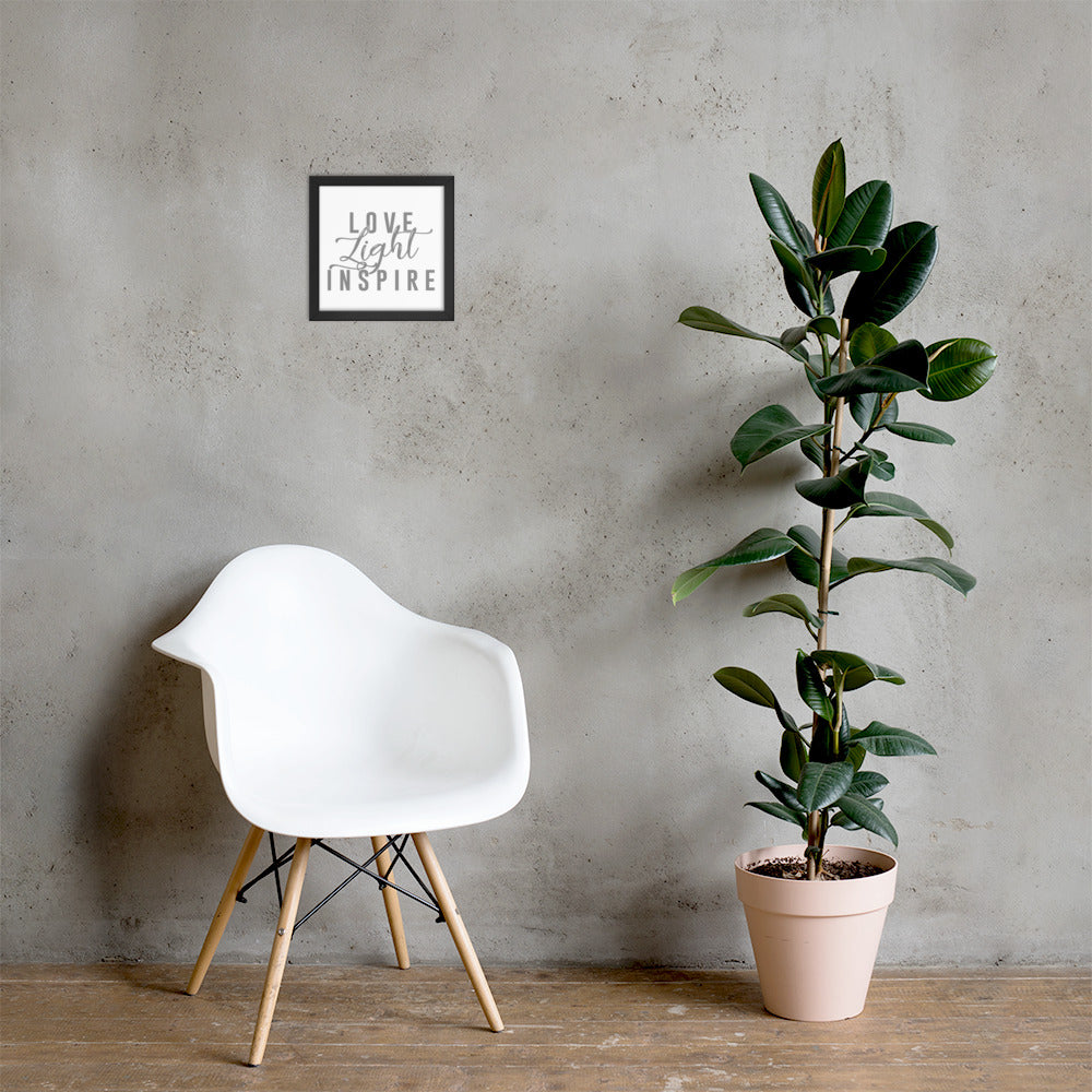 Love.Light.Inspire Framed Poster (Grey on White)