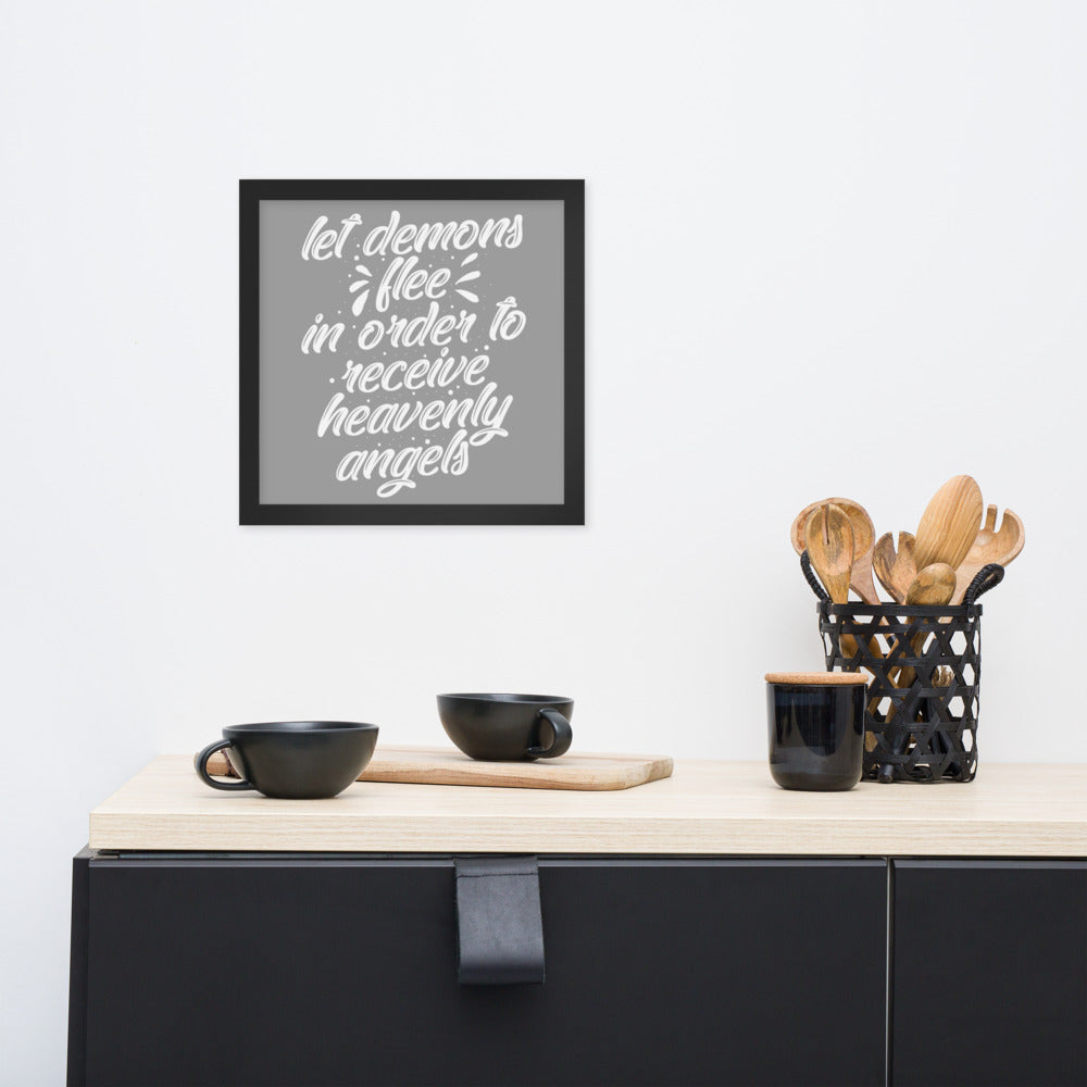 Demons Flee Framed Poster {White on Grey}