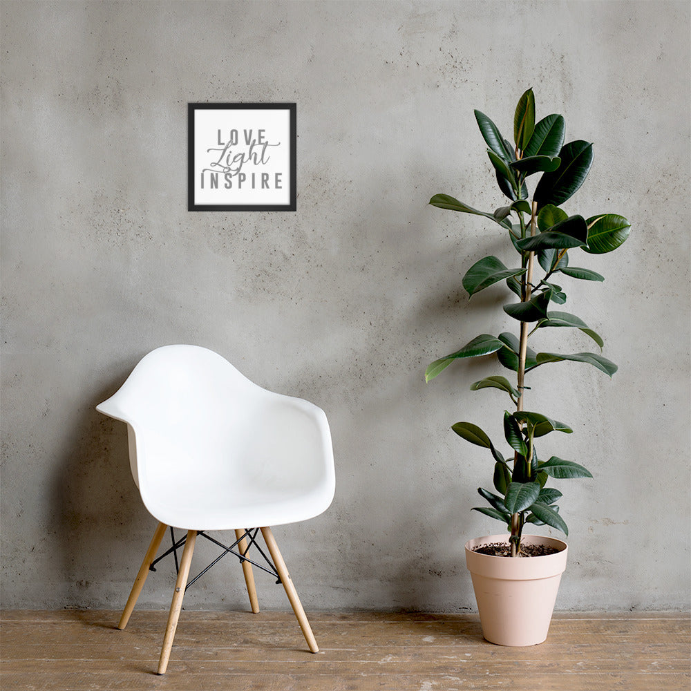 Love.Light.Inspire Framed Poster (Grey on White)
