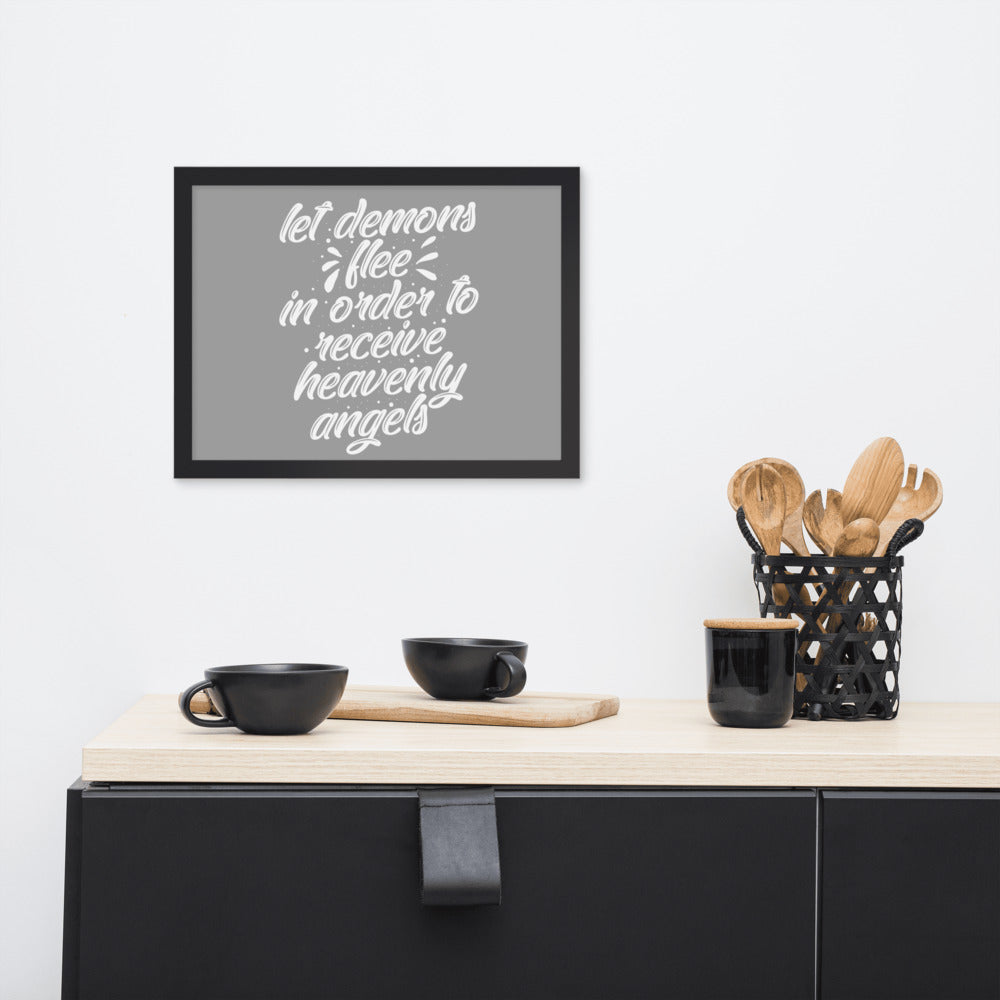 Demons Flee Framed Poster {White on Grey}