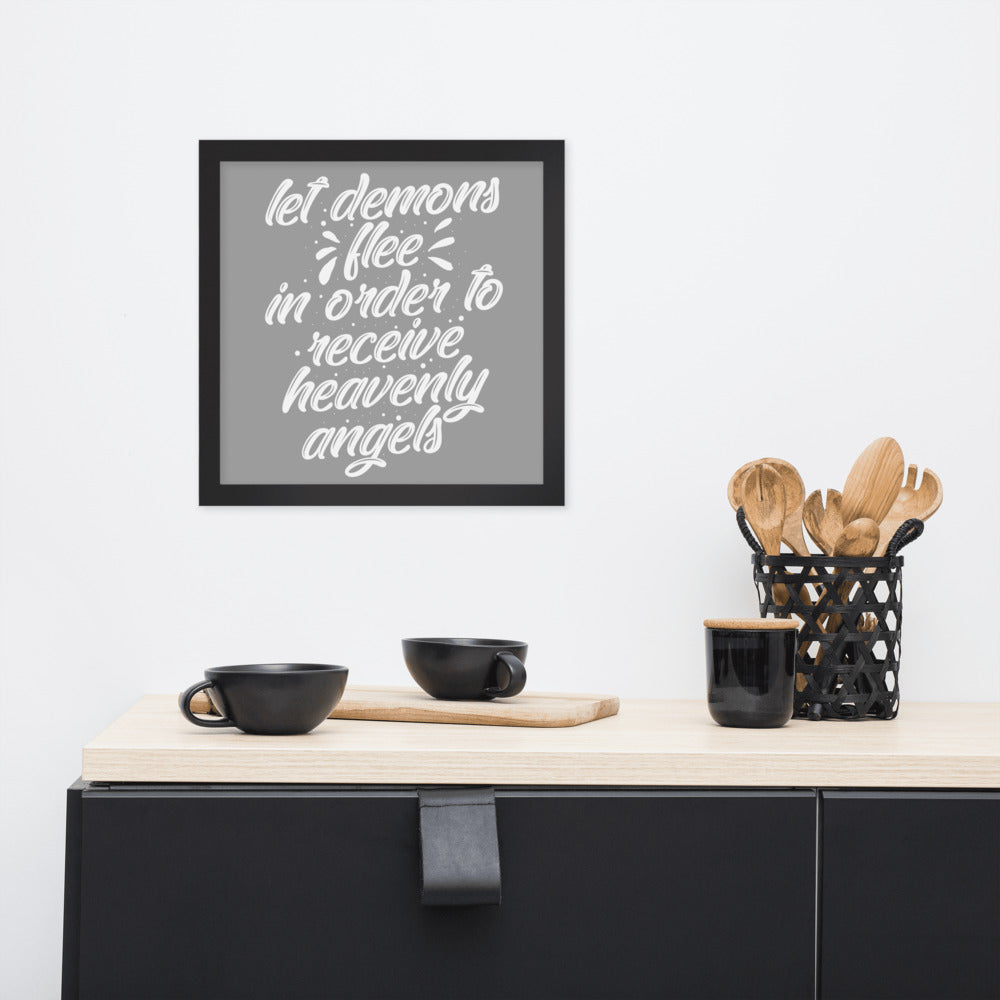 Demons Flee Framed Poster {White on Grey}