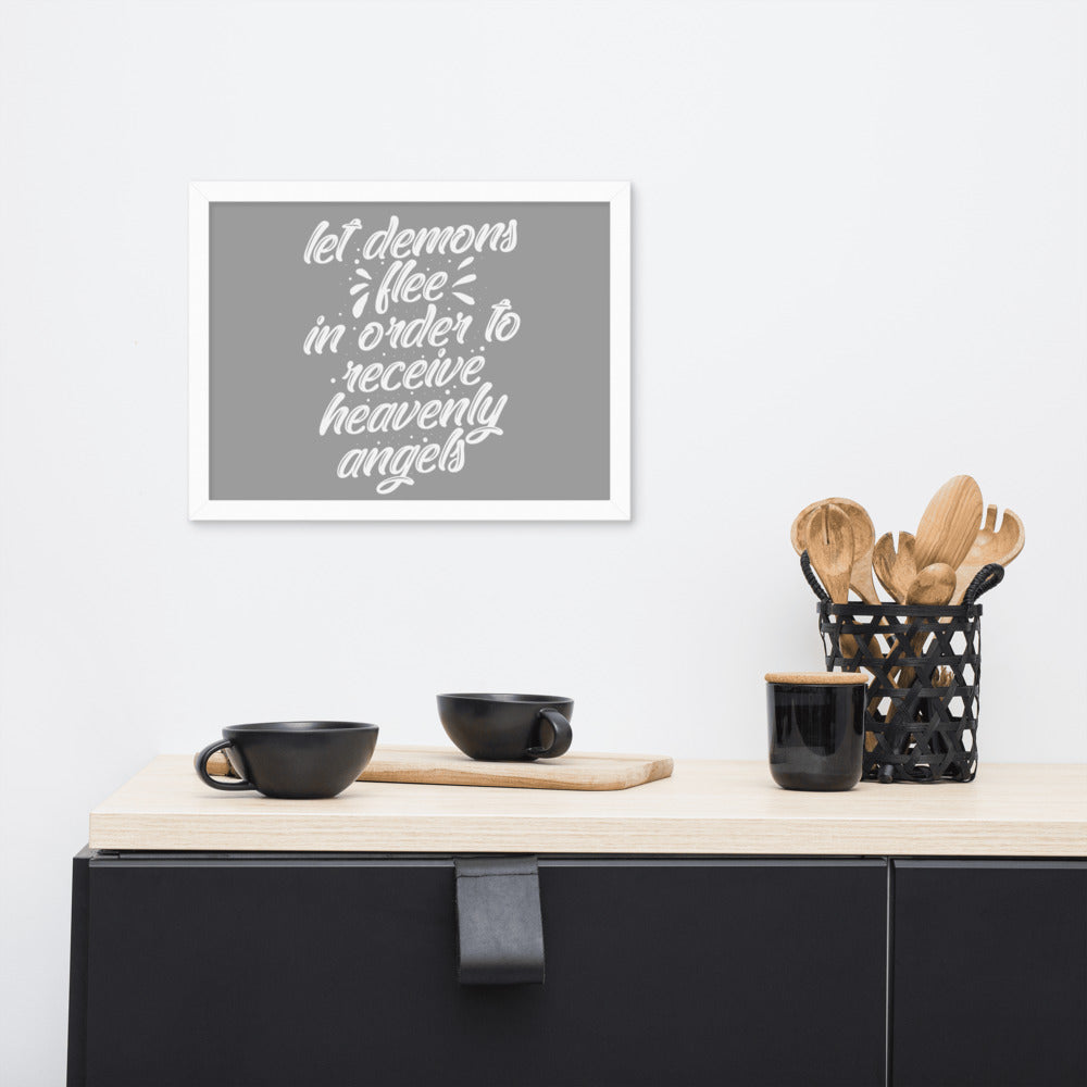 Demons Flee Framed Poster {White on Grey}