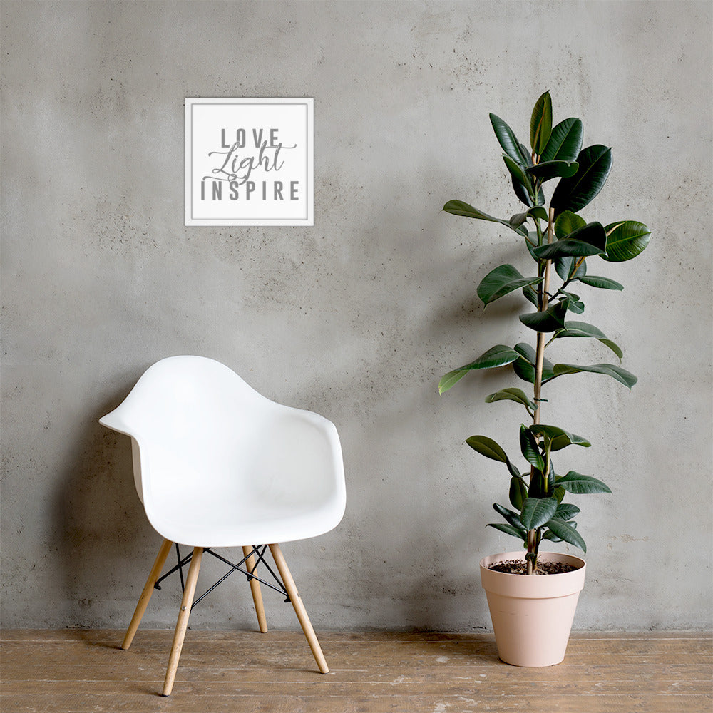 Love.Light.Inspire Framed Poster (Grey on White)
